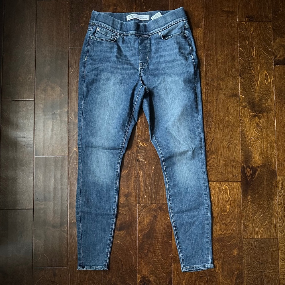 Pull on shaping elastic waist blue skinny jeans
